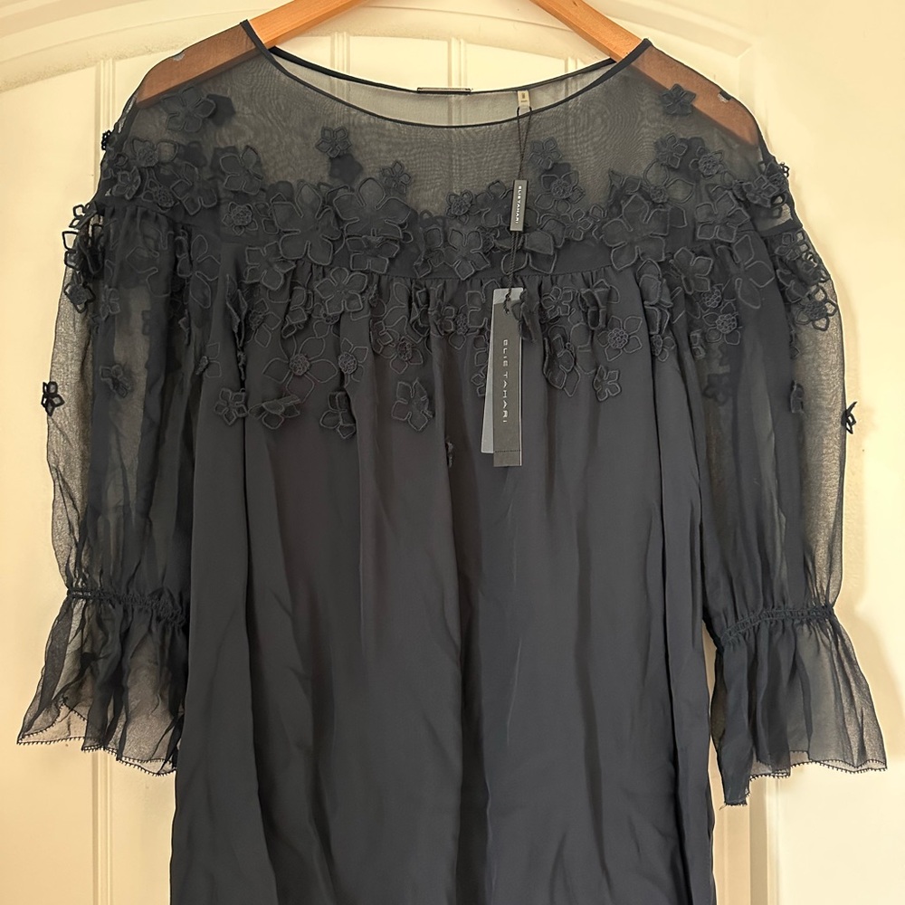Elite Tahari Elegant Sheer  Black Top with Floral Details